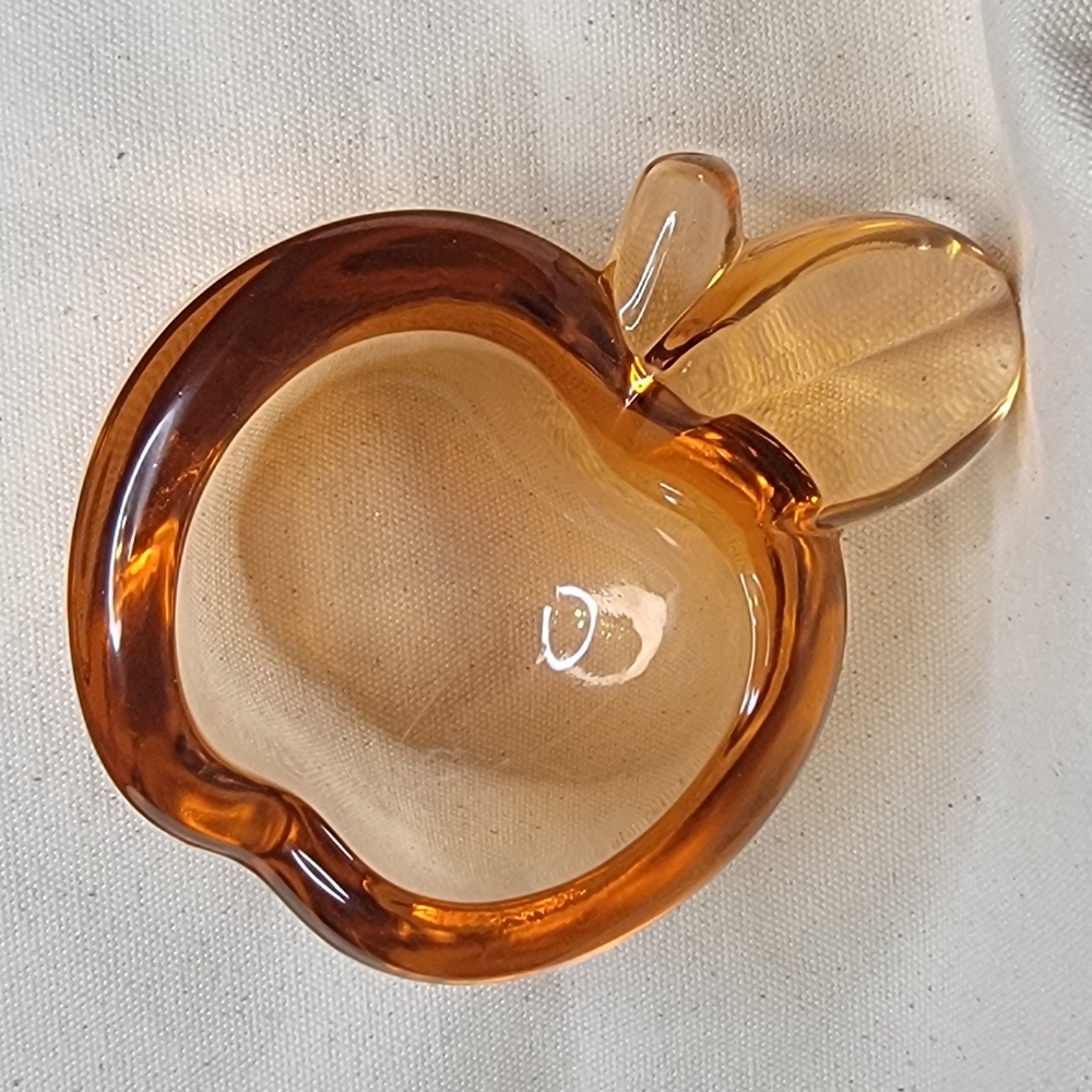 Amber Colored Art Glass Apple Trinket Dish - Picture 4 of 7